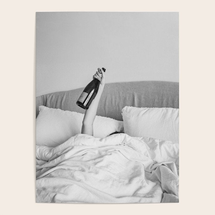 Champagne In Bed - Black And White Photography - Girl With Alcohol Bottle In Hand Photograph - Photo Poster Gallery Image 4