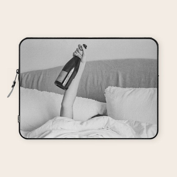 Champagne In Bed - Black And White Photography - Girl With Alcohol Bottle In Hand Photograph - Photo Laptop Sleeve Gallery Image 1