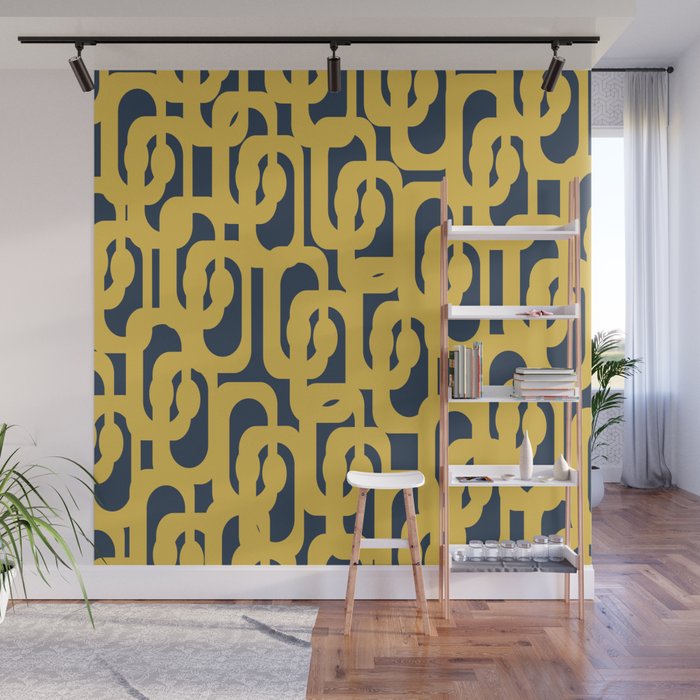 Mustard Yellow and Navy Blue Mid-Century Modern Loop Pattern Wall Mural Gallery Image 1