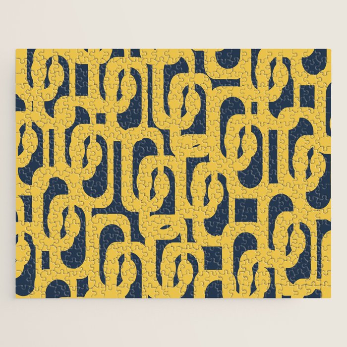 Mustard Yellow and Navy Blue Mid-Century Modern Loop Pattern Jigsaw Puzzle Gallery Image 1