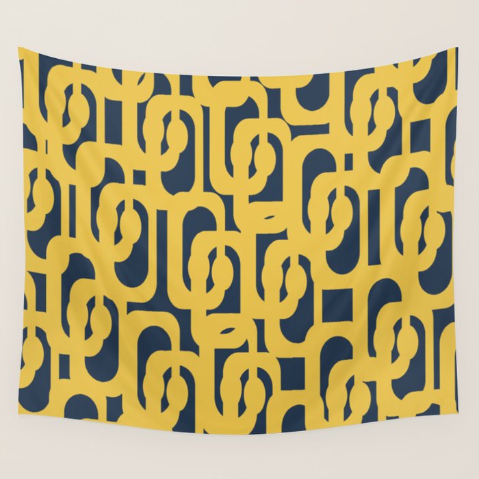Mustard Yellow and Navy Blue Mid-Century Modern Loop Pattern Wall Tapestry Gallery Image 4