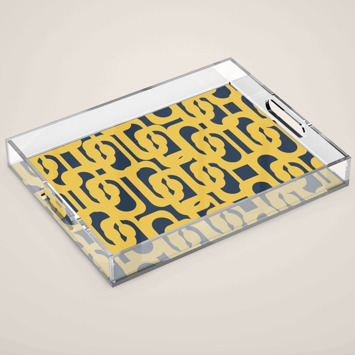 Mustard Yellow and Navy Blue Mid-Century Modern Loop Pattern Acrylic Tray Gallery Image 1