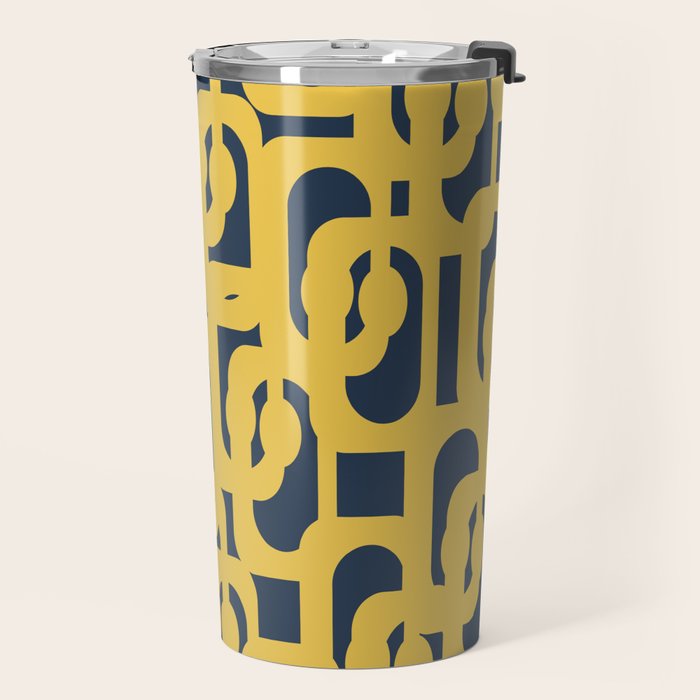 Mustard Yellow and Navy Blue Mid-Century Modern Loop Pattern Travel Mug Gallery Image 2