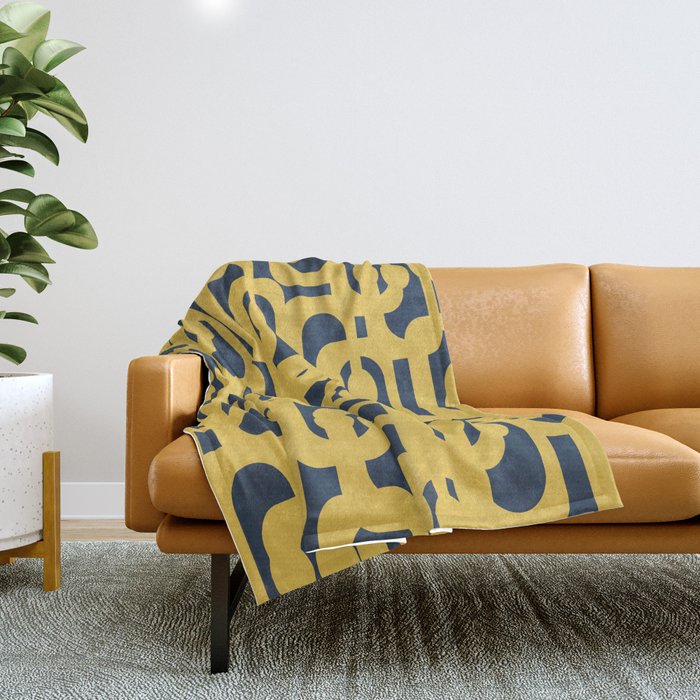 Mustard Yellow and Navy Blue Mid-Century Modern Loop Pattern Throw Blanket Gallery Image 1