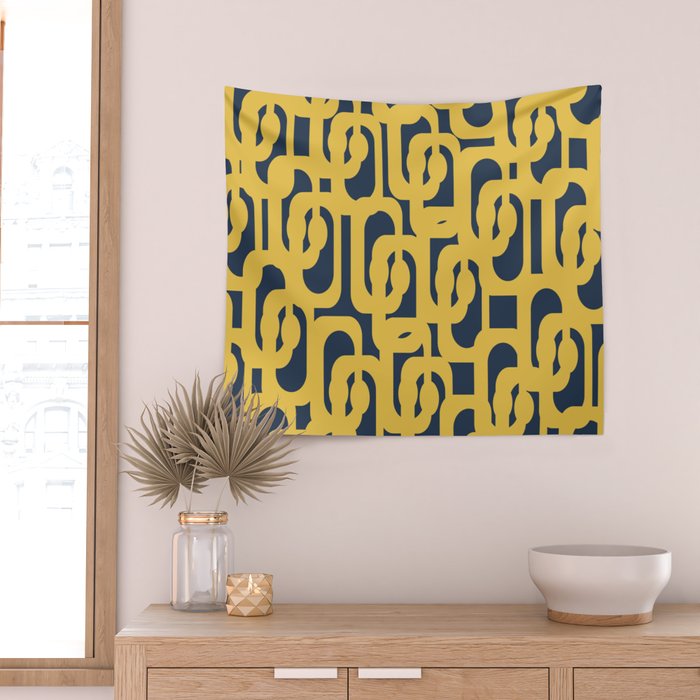 Mustard Yellow and Navy Blue Mid-Century Modern Loop Pattern Wall Tapestry Gallery Image 2