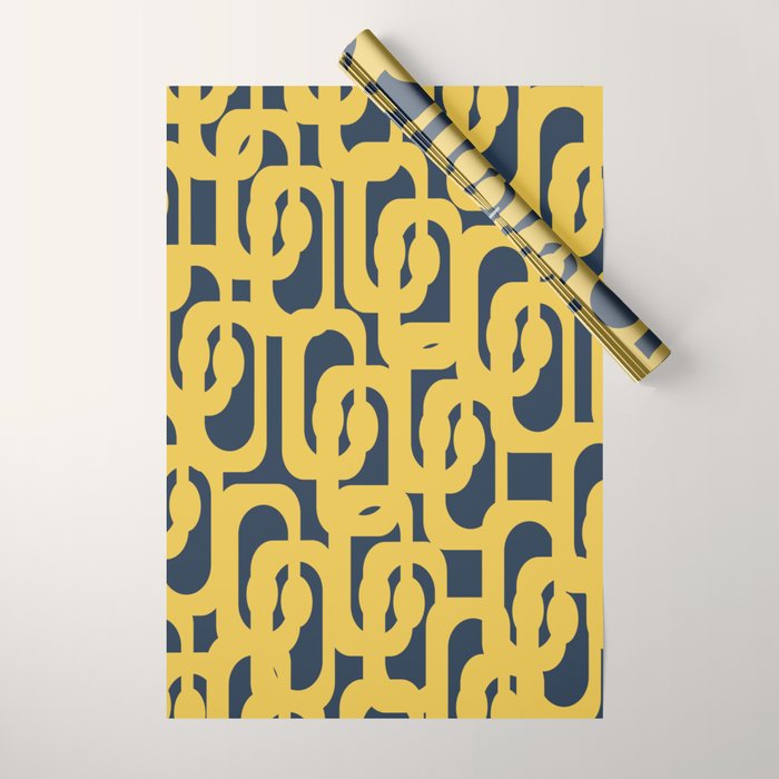 Mustard Yellow and Navy Blue Mid-Century Modern Loop Pattern Wrapping Paper Gallery Image 1