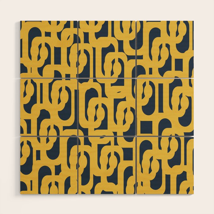 Mustard Yellow and Navy Blue Mid-Century Modern Loop Pattern Wood Wall Art Gallery Image 1