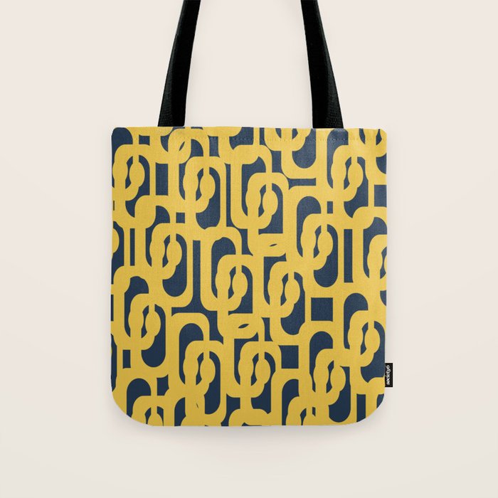 Mustard Yellow and Navy Blue Mid-Century Modern Loop Pattern Tote Bag Gallery Image 1