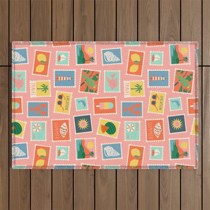 Vintage summer post card stamp pattern Outdoor Rug Gallery Image 1