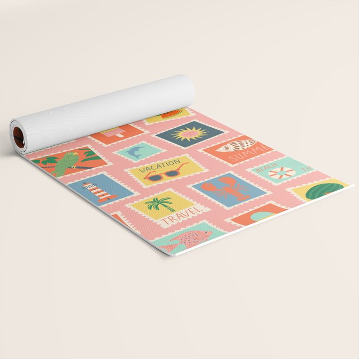 Vintage summer post card stamp pattern Yoga Mat Gallery Image 2