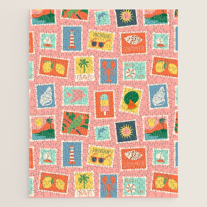 Vintage summer post card stamp pattern Jigsaw Puzzle Gallery Image 1
