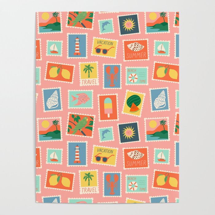Vintage summer post card stamp pattern Poster Gallery Image 1