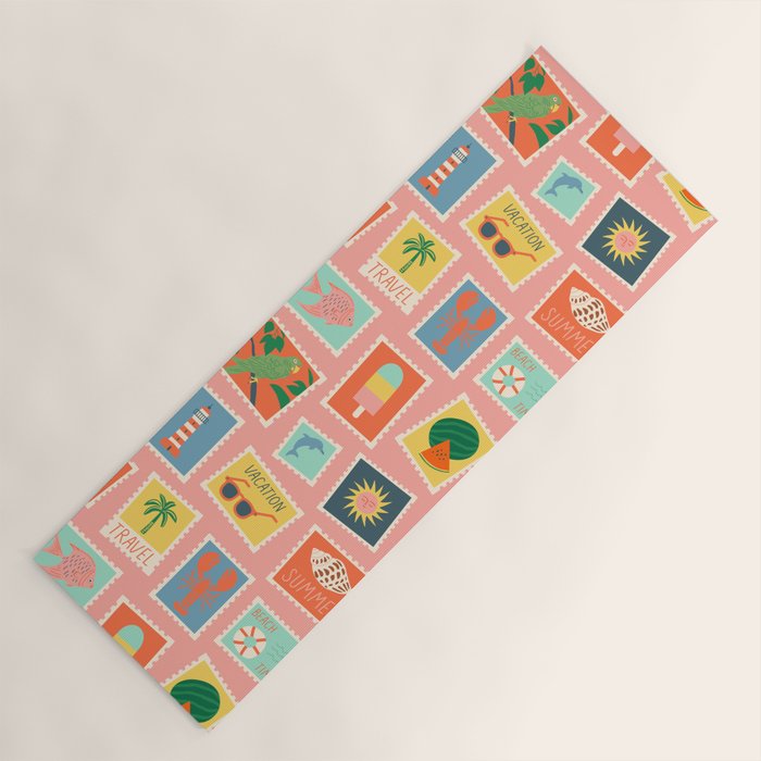 Vintage summer post card stamp pattern Yoga Mat Gallery Image 1