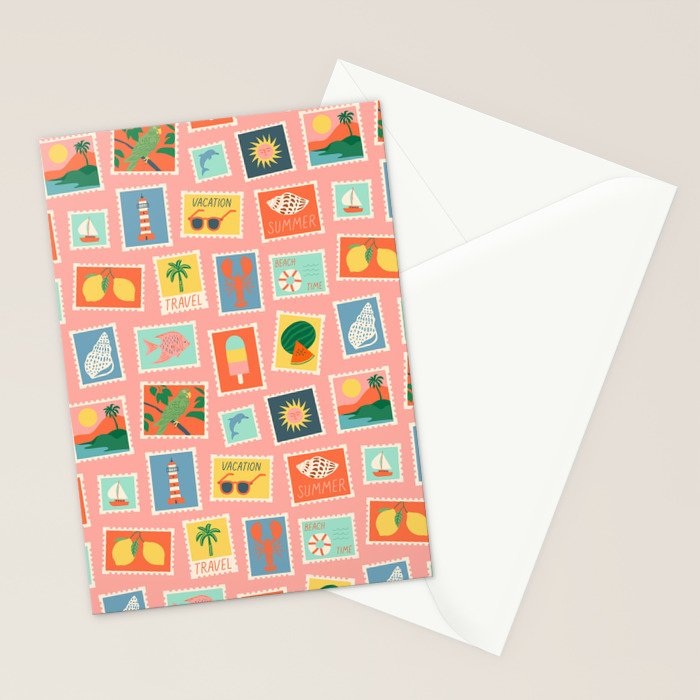 Vintage summer post card stamp pattern Stationery Card Gallery Image 2
