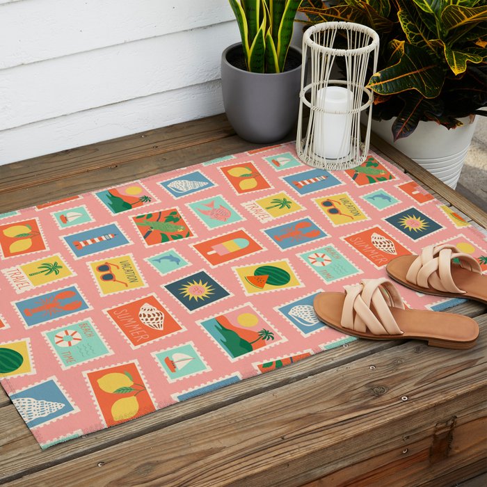 Vintage summer post card stamp pattern Outdoor Rug Gallery Image 2