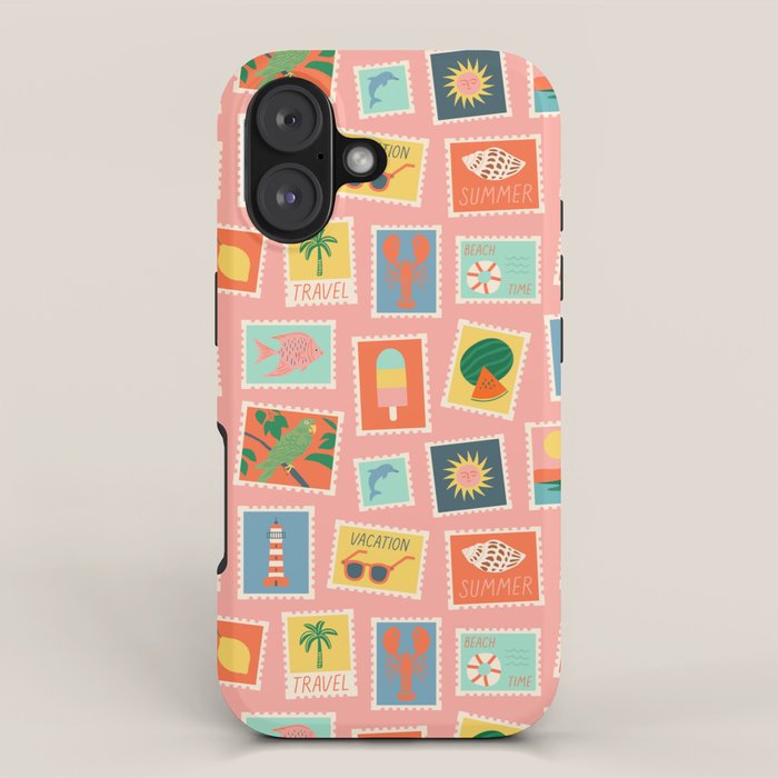 Vintage summer post card stamp pattern iPhone Case Gallery Image 1