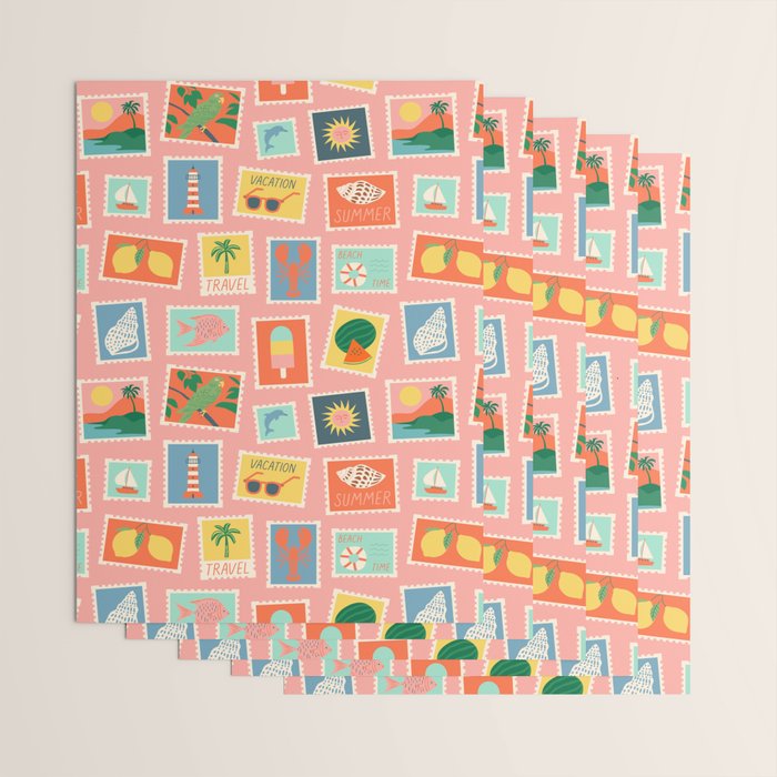 Vintage summer post card stamp pattern Wrapping Paper Gallery Image 3
