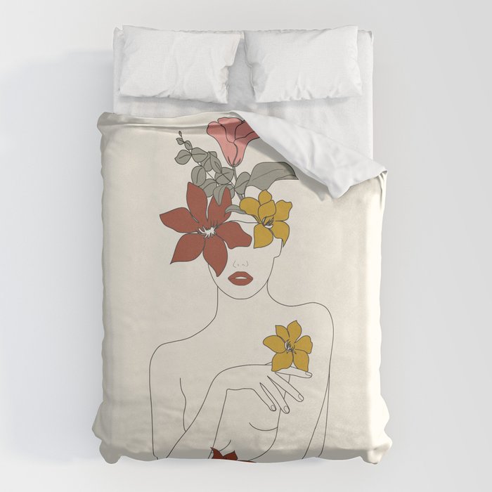Colorful Thoughts Minimal Line Art Woman with Flowers IV  Duvet Cover Gallery Image 6
