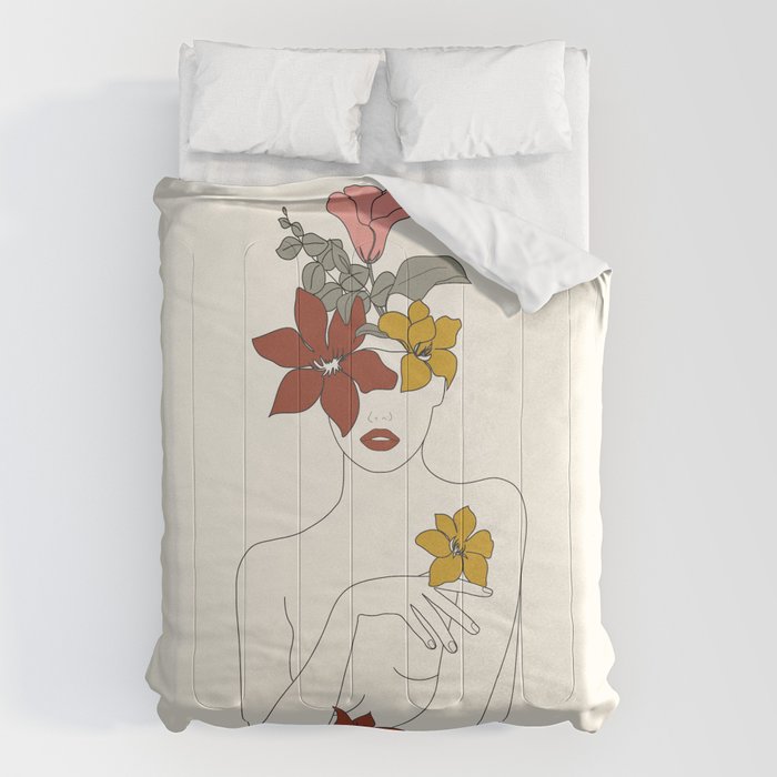 Colorful Thoughts Minimal Line Art Woman with Flowers IV  Comforter Gallery Image 6