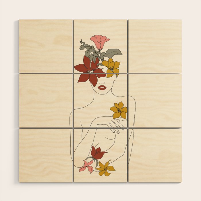 Colorful Thoughts Minimal Line Art Woman with Flowers IV  Wood Wall Art Gallery Image 1