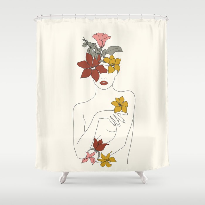 Colorful Thoughts Minimal Line Art Woman with Flowers IV  Shower Curtain Gallery Image 1