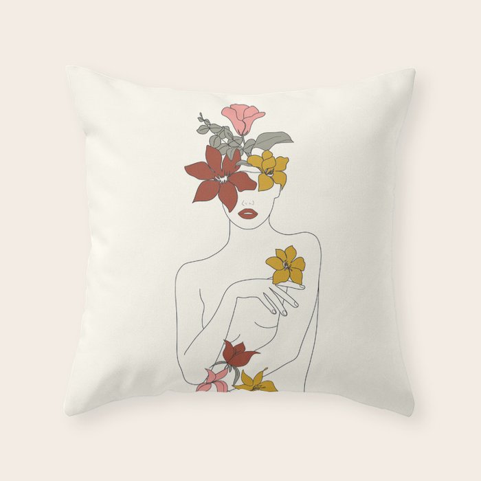 Colorful Thoughts Minimal Line Art Woman with Flowers IV  Throw Pillow Gallery Image 1