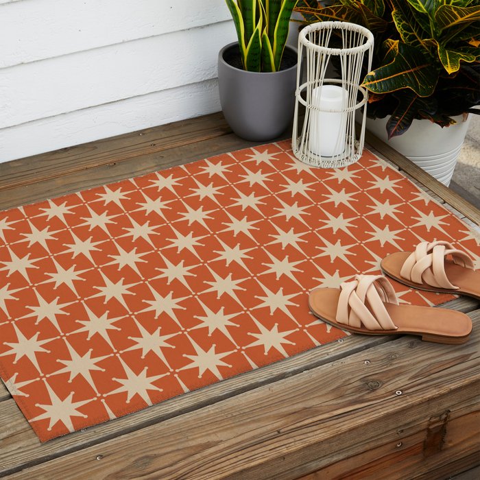 Midcentury Modern Atomic Starburst Pattern in Mid Mod Burnt Orange and Beige Outdoor Rug Gallery Image 2