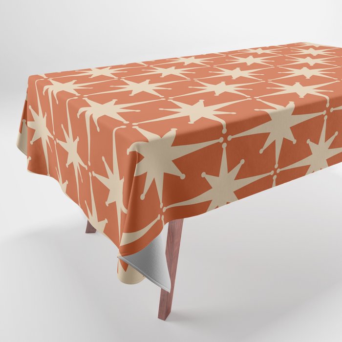 Midcentury Modern Atomic Starburst Pattern in Mid Mod Burnt Orange and Beige Tablecloth Gallery Image 1