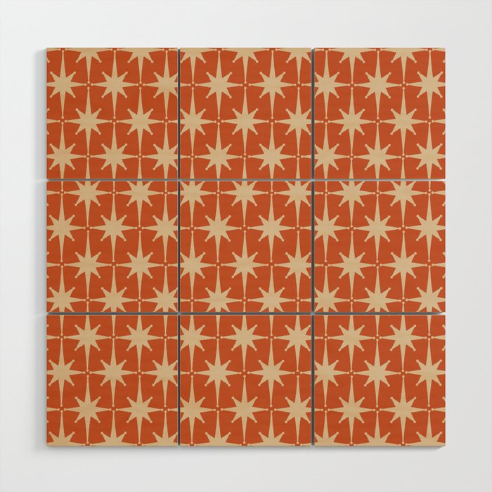 Midcentury Modern Atomic Starburst Pattern in Mid Mod Burnt Orange and Beige Wood Wall Art Gallery Image 1