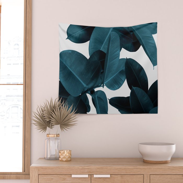 Indigo Blue Plant Leaves Wall Tapestry Gallery Image 2