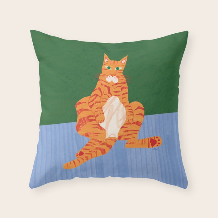 Chill Cat in Orange & Green Throw Pillow Gallery Image 1