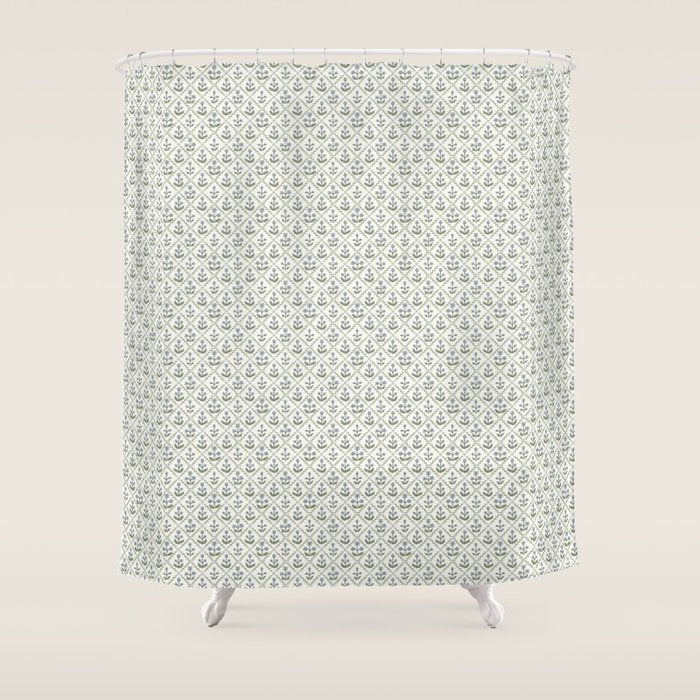 Lattice Block Print Floral - Blue Green Shower Curtain Gallery Image 1