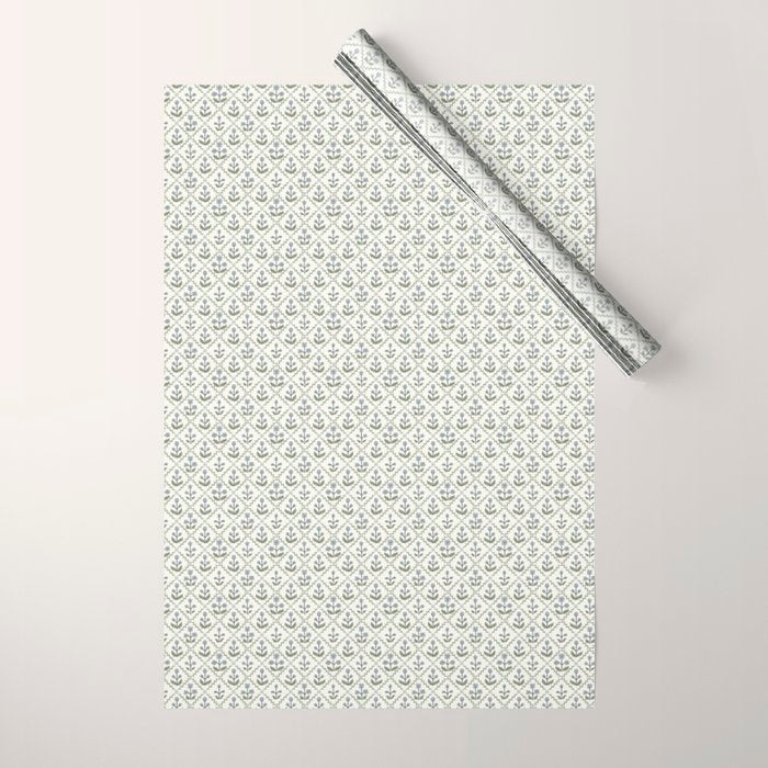 Lattice Block Print Floral - Blue Green Wrapping Paper Gallery Image 1