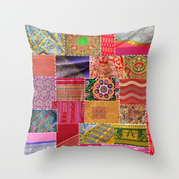 Boho Sari Patchwork Quilt Throw Pillow Gallery Image 6