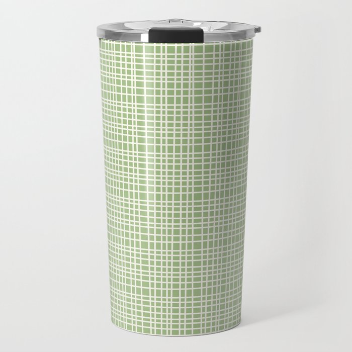 Mid Century Modern Minimalist Woven Line Pattern in Light Sage Green and Cream Travel Mug Gallery Image 1