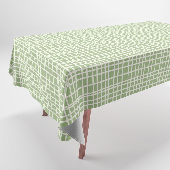 Mid Century Modern Minimalist Woven Line Pattern in Light Sage Green and Cream Tablecloth Gallery Image 1