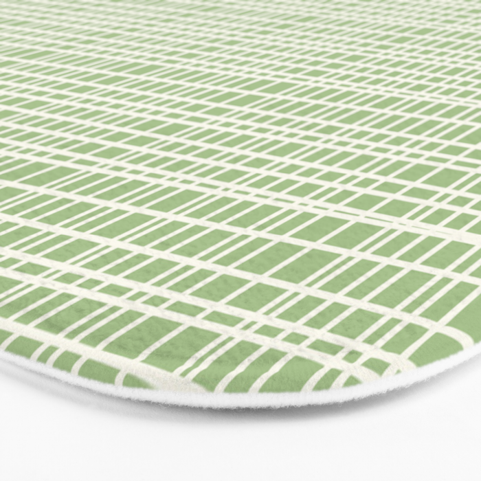 Mid Century Modern Minimalist Woven Line Pattern in Light Sage Green and Cream Bath Mat Gallery Image 3
