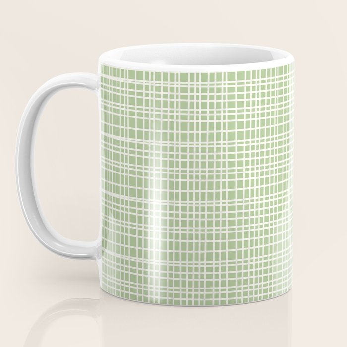 Mid Century Modern Minimalist Woven Line Pattern in Light Sage Green and Cream Coffee Mug Gallery Image 3