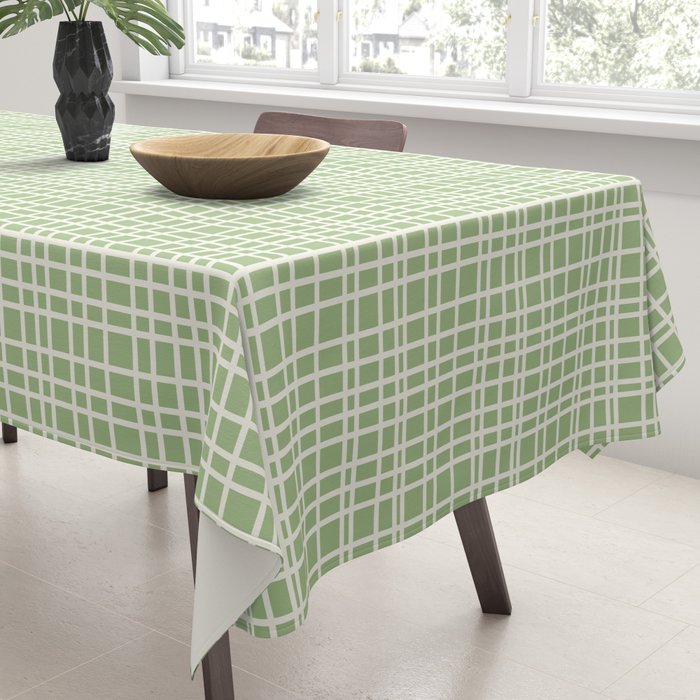 Mid Century Modern Minimalist Woven Line Pattern in Light Sage Green and Cream Tablecloth Gallery Image 3
