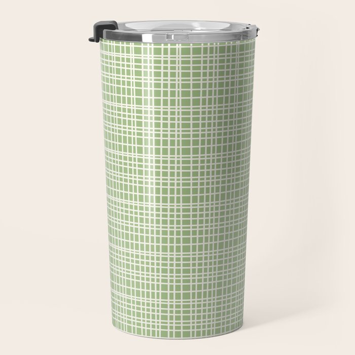 Mid Century Modern Minimalist Woven Line Pattern in Light Sage Green and Cream Travel Mug Gallery Image 3