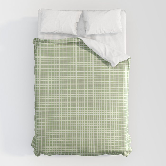 Mid Century Modern Minimalist Woven Line Pattern in Light Sage Green and Cream Duvet Cover Gallery Image 6