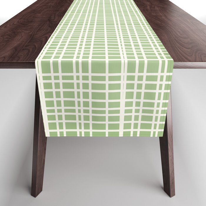 Mid Century Modern Minimalist Woven Line Pattern in Light Sage Green and Cream Table Runner Gallery Image 1