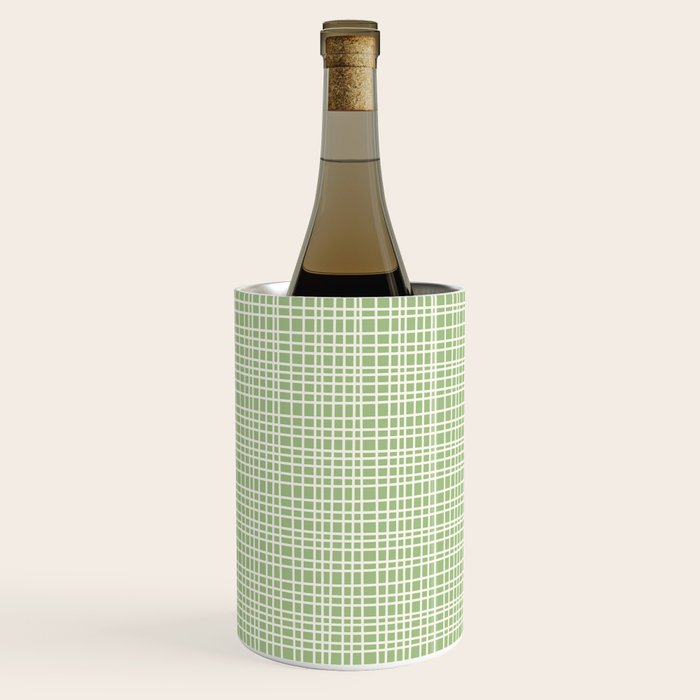 Mid Century Modern Minimalist Woven Line Pattern in Light Sage Green and Cream Wine Chiller Gallery Image 3