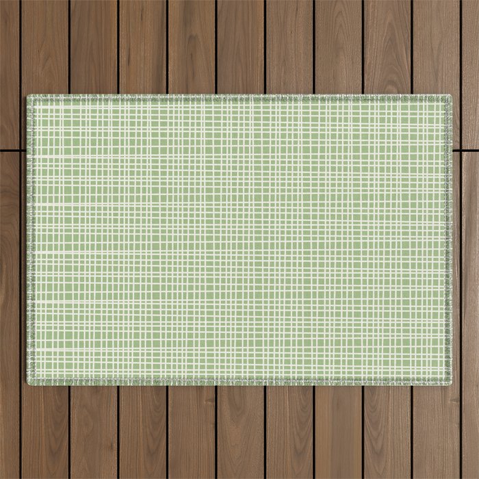 Mid Century Modern Minimalist Woven Line Pattern in Light Sage Green and Cream Outdoor Rug Gallery Image 1