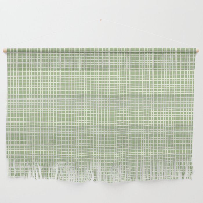 Mid Century Modern Minimalist Woven Line Pattern in Light Sage Green and Cream Wall Hanging Gallery Image 1