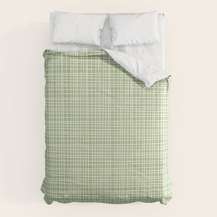 Mid Century Modern Minimalist Woven Line Pattern in Light Sage Green and Cream Comforter Gallery Image 6