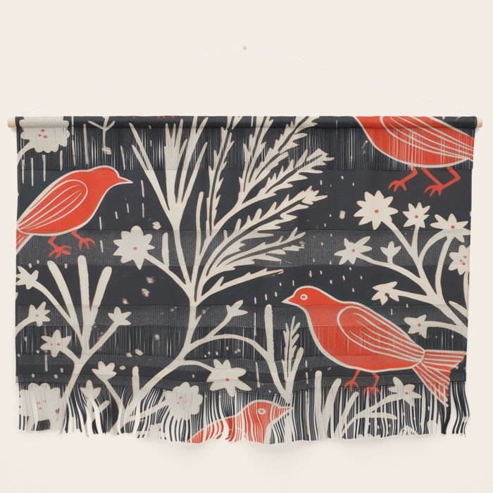 Red And Black Woodblock Birds Wall Hanging Gallery Image 1