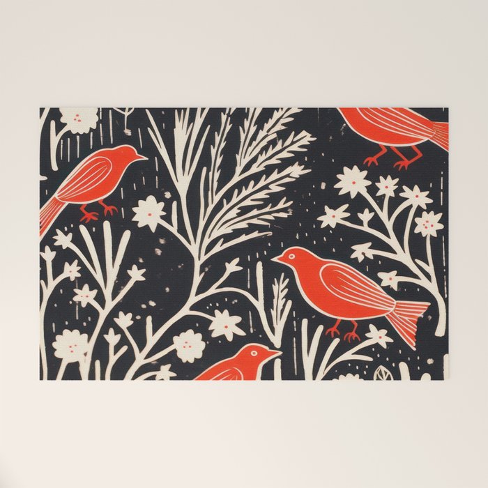 Red And Black Woodblock Birds Welcome Mat Gallery Image 1