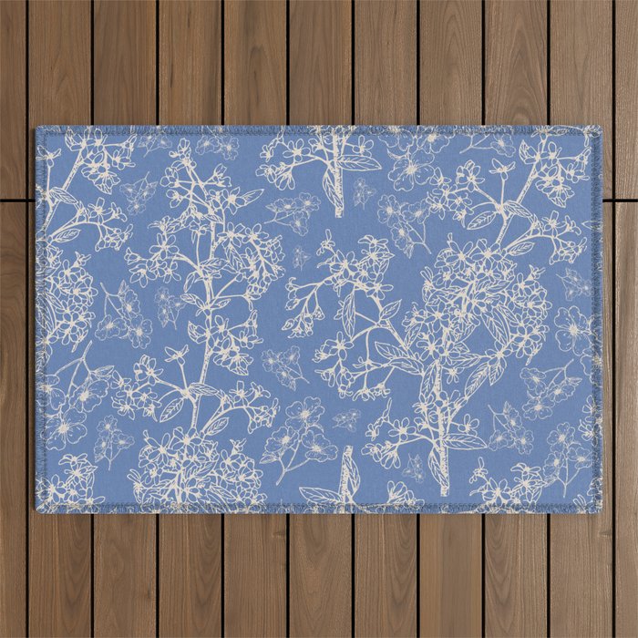 Grasmere Garden Vintage Modern Botanical Pattern Periwinkle Blue Cream Outdoor Rug Gallery Image 1