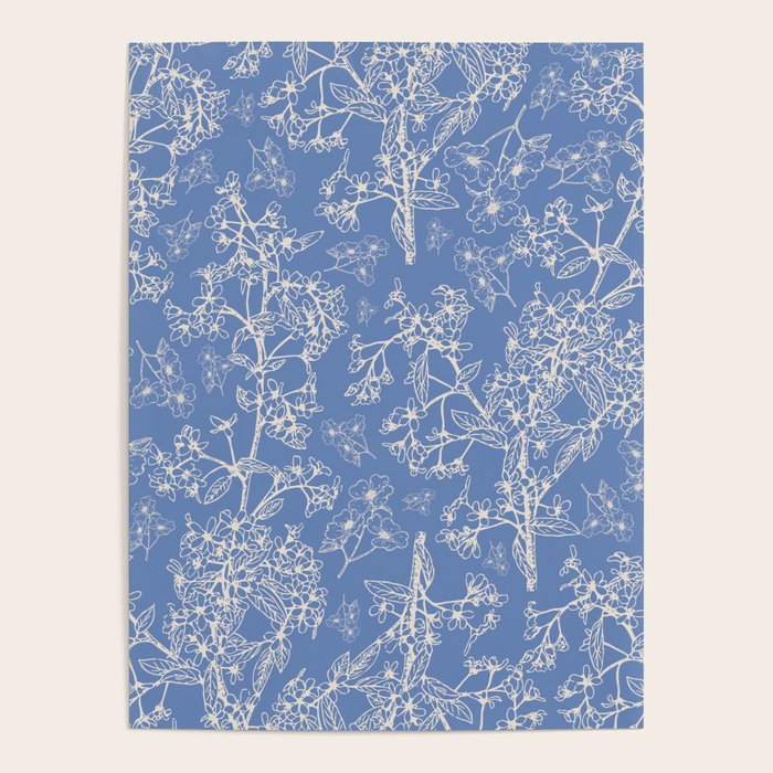 Grasmere Garden Vintage Modern Botanical Pattern Periwinkle Blue Cream Poster Gallery Image 1